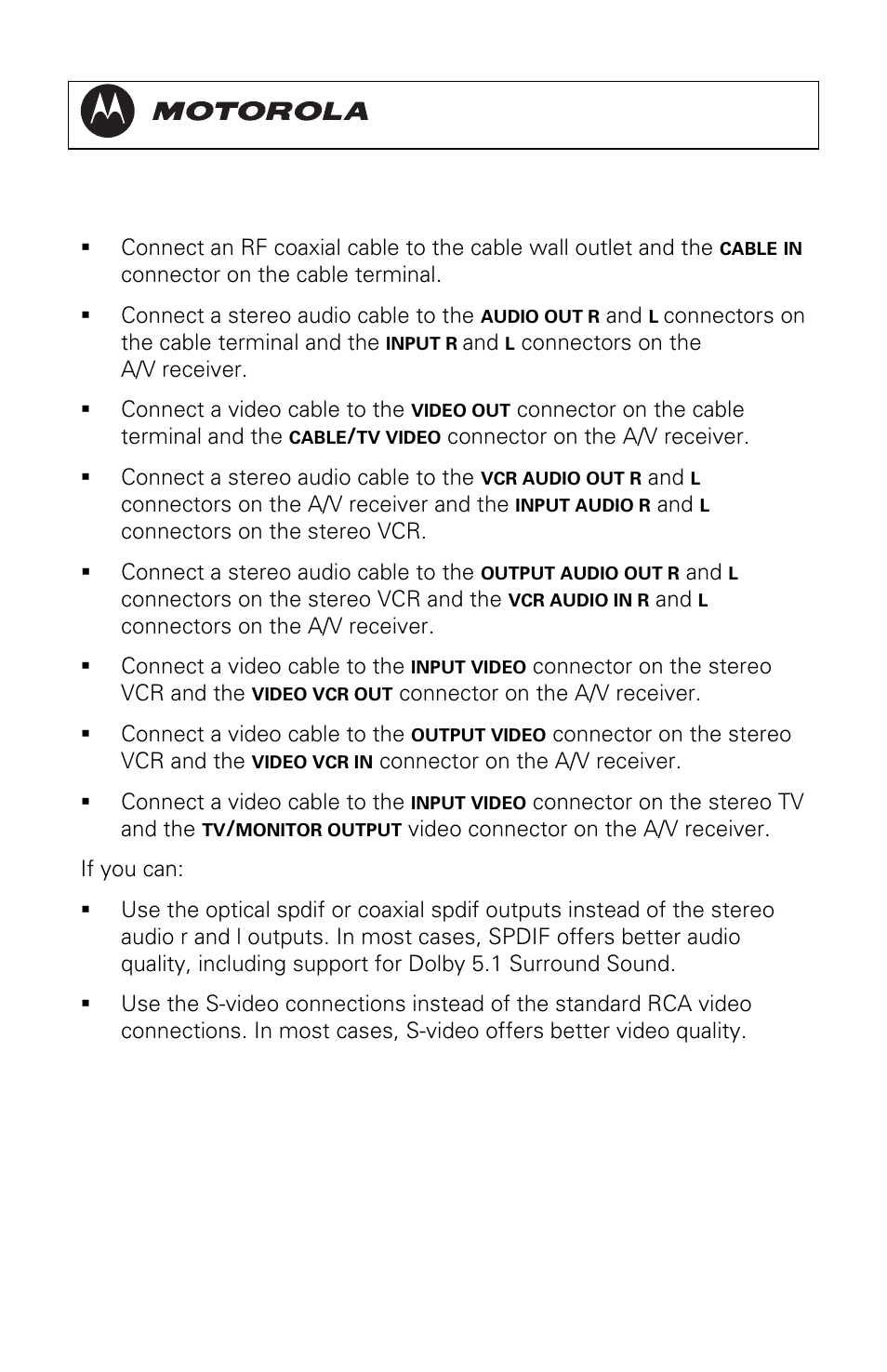 Connecting an a/v receiver, tv, and vcr, Dct3080 installation manual | Motorola DCT3080 User Manual | Page 33 / 98