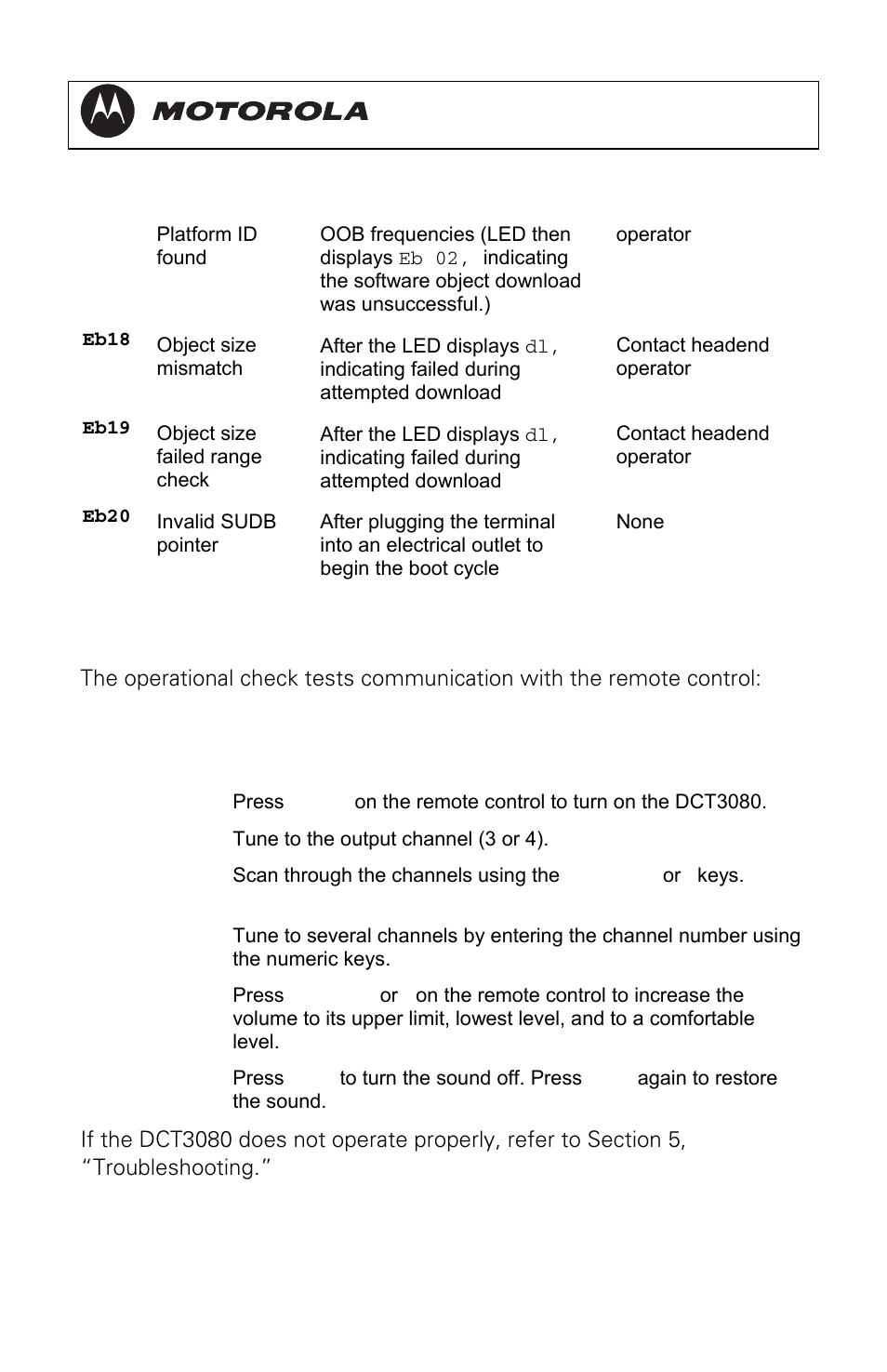 Operational check for the remote control, Dct3080 installation manual | Motorola DCT3080 User Manual | Page 42 / 98