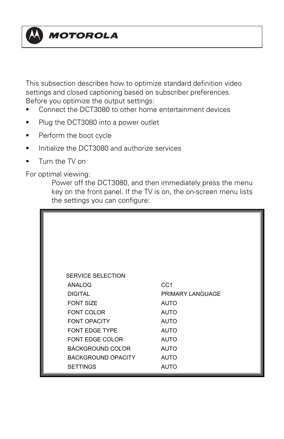 Optimizing video settings, Dct3080 installation manual | Motorola DCT3080 User Manual | Page 43 / 98