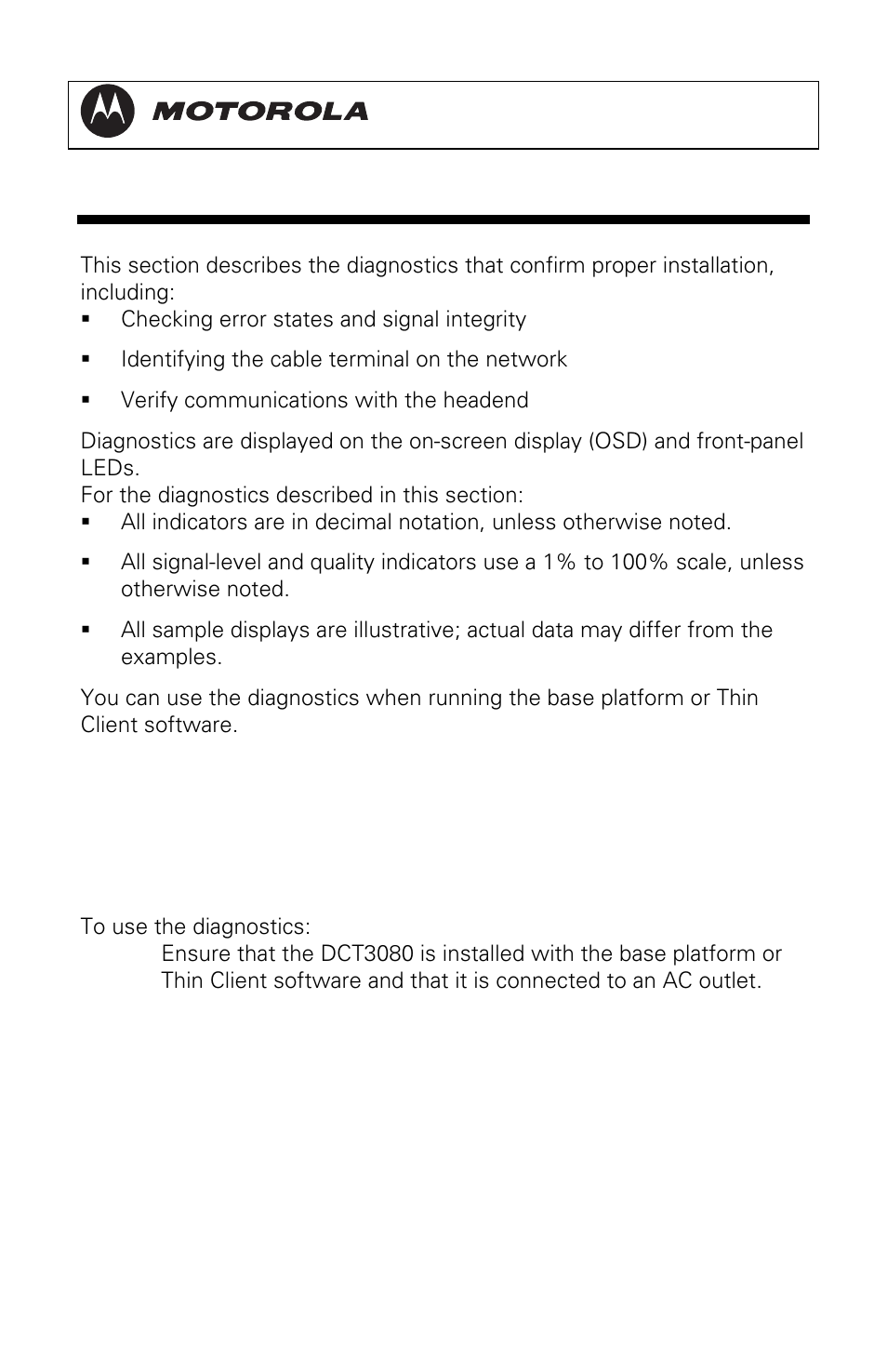 Diagnostics, Using the diagnostics, Dct3080 installation manual | Motorola DCT3080 User Manual | Page 47 / 98