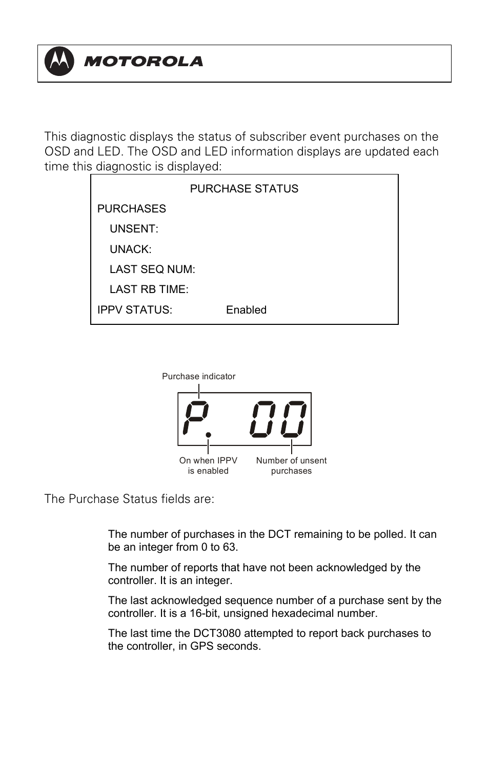 D02 purchase status, Dct3080 installation manual, The purchase status fields are: field description | Motorola DCT3080 User Manual | Page 51 / 98