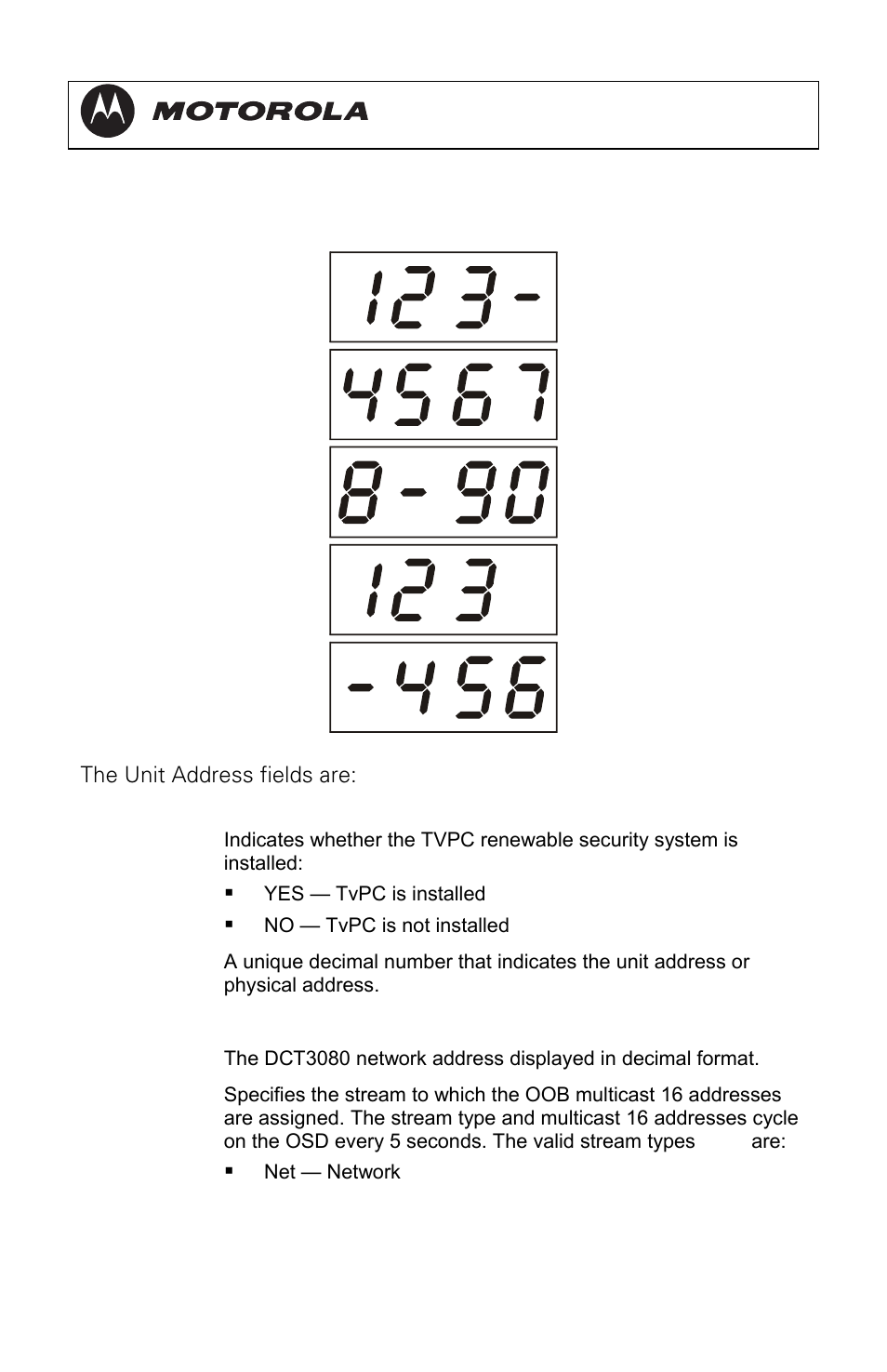 Dct3080 installation manual, The unit address fields are: field description | Motorola DCT3080 User Manual | Page 58 / 98