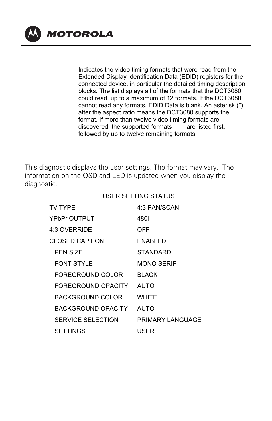 D12 user setting status, Dct3080 installation manual | Motorola DCT3080 User Manual | Page 72 / 98