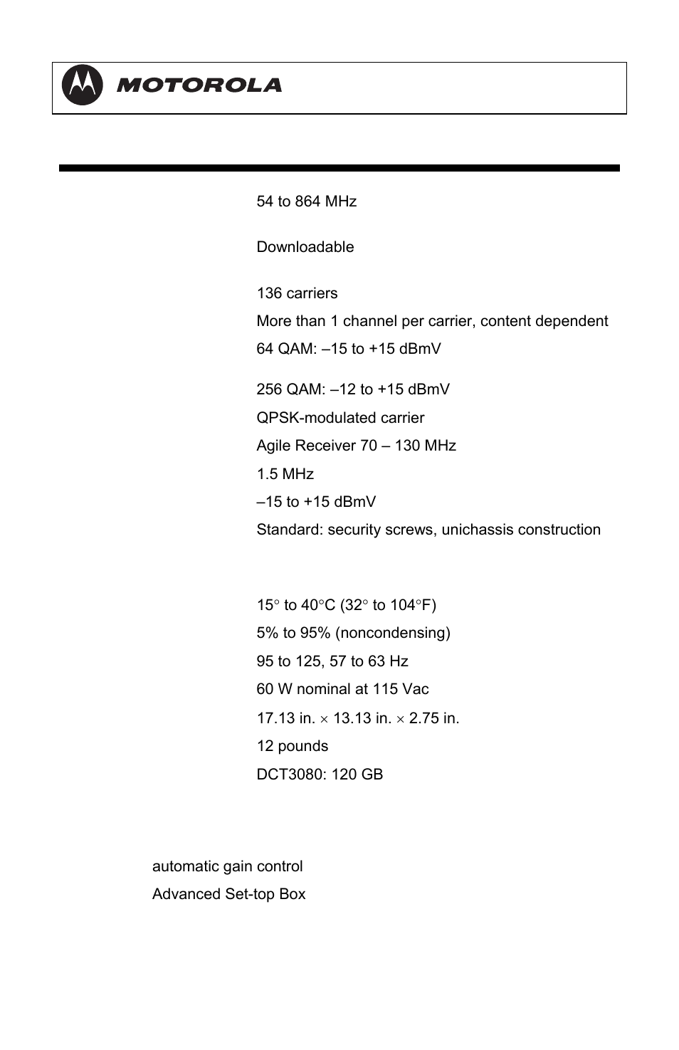 Specifications, Dct3080 installation manual | Motorola DCT3080 User Manual | Page 95 / 98