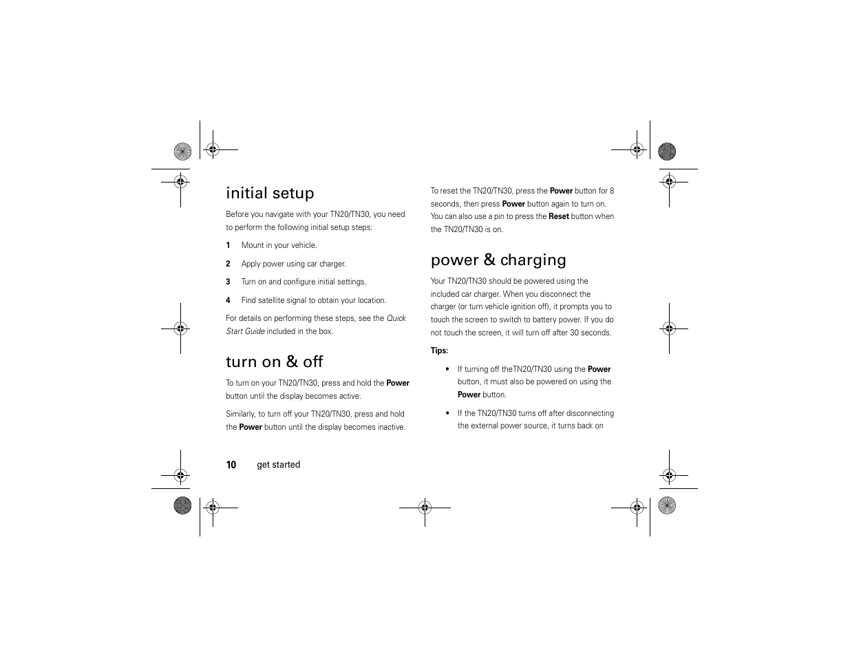 Initial setup, Turn on & off, Power & charging | Motorola MOTONAV TN30 User Manual | Page 11 / 57