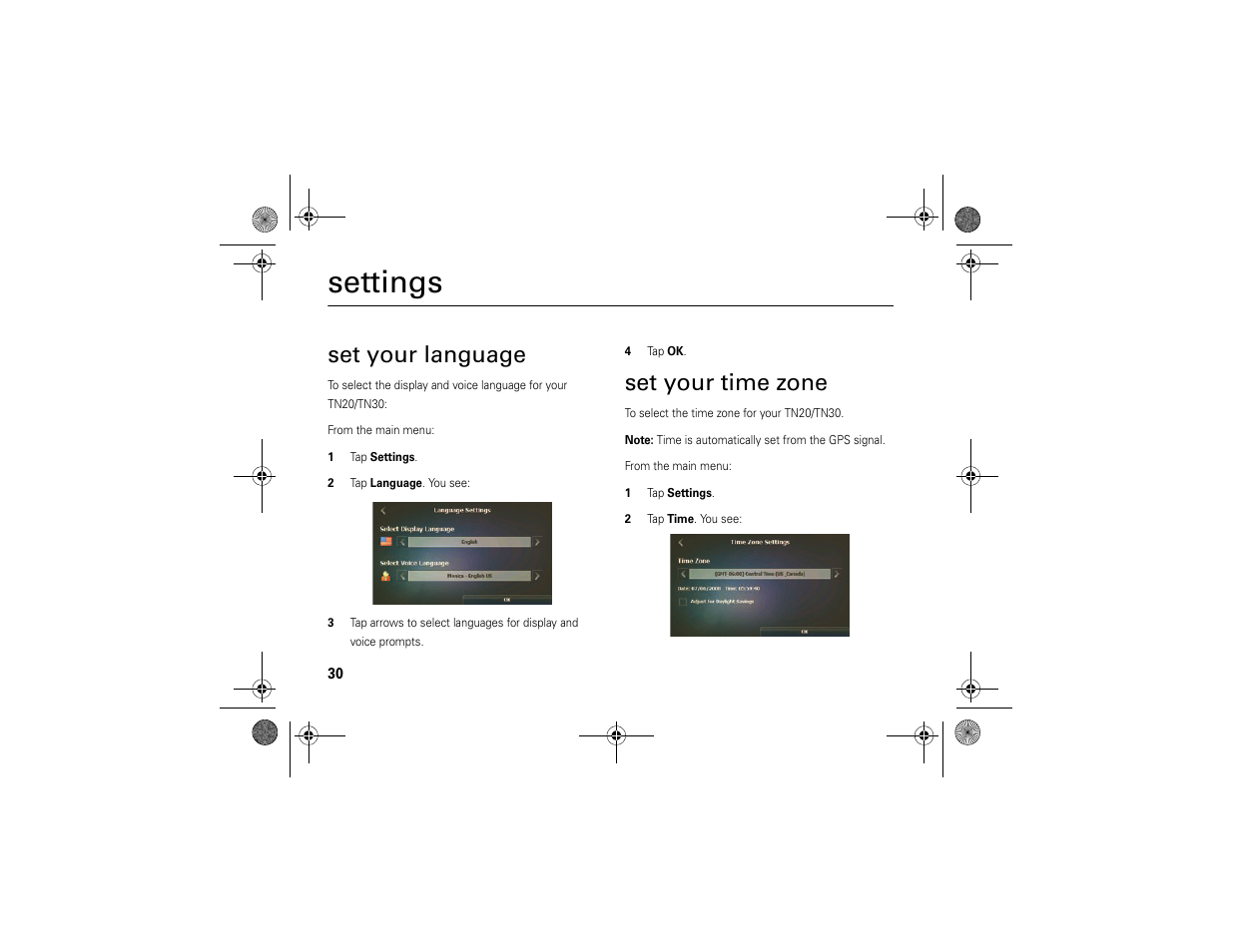 Settings, Set your language, Set your time zone | Motorola MOTONAV TN30 User Manual | Page 31 / 57