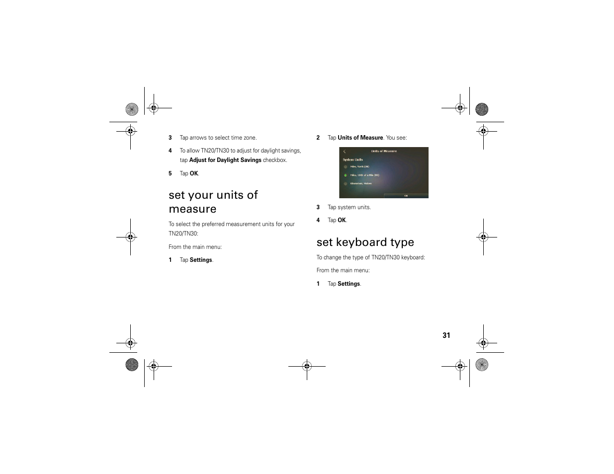Set your units of measure, Set keyboard type | Motorola MOTONAV TN30 User Manual | Page 32 / 57