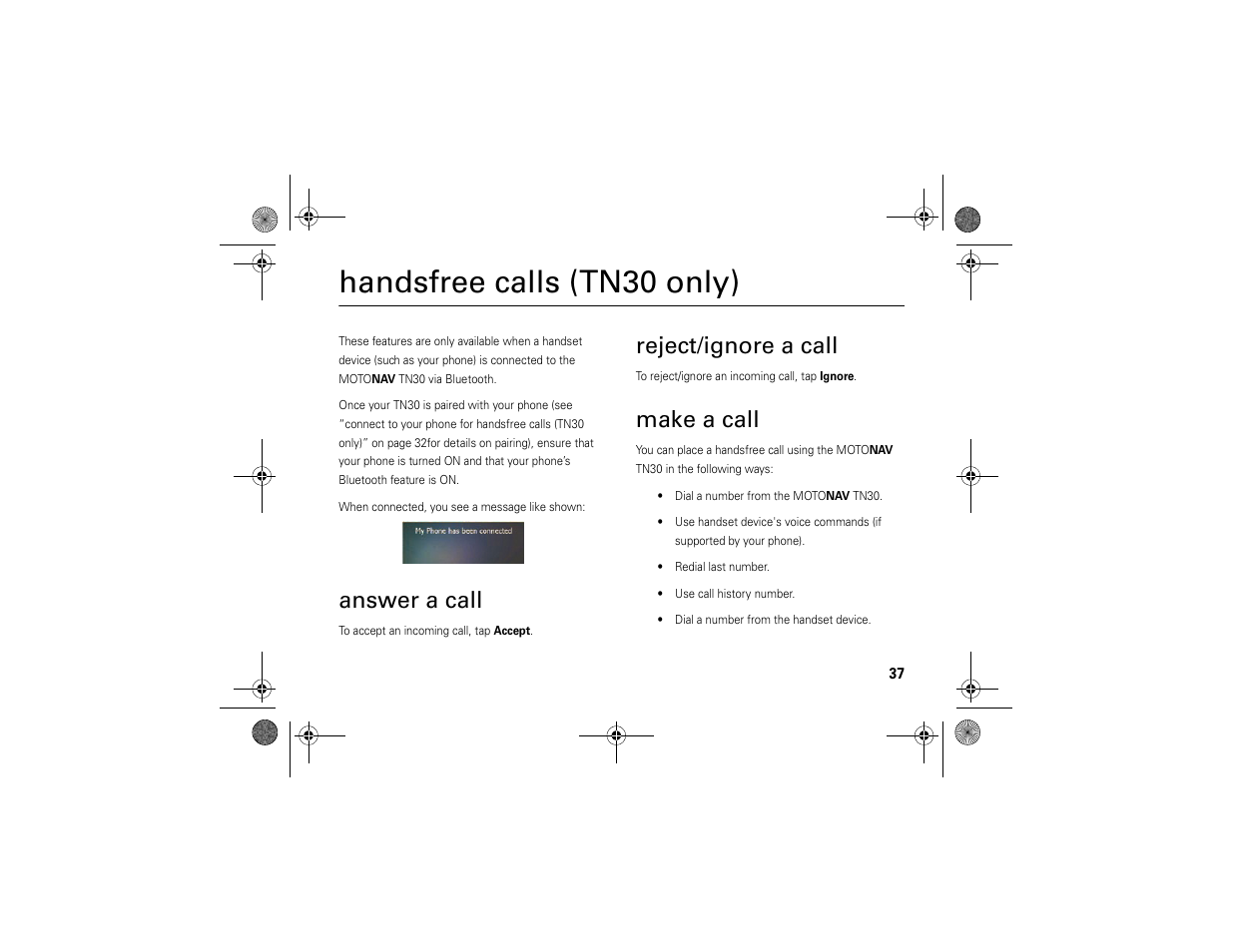 Handsfree calls (tn30 only), Answer a call, Reject/ignore a call | Make a call | Motorola MOTONAV TN30 User Manual | Page 38 / 57