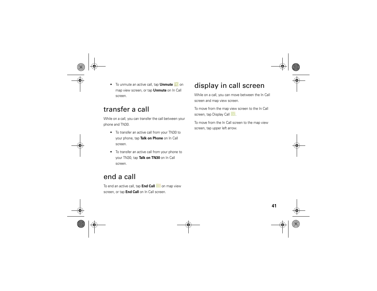 Transfer a call, End a call, Display in call screen | Motorola MOTONAV TN30 User Manual | Page 42 / 57