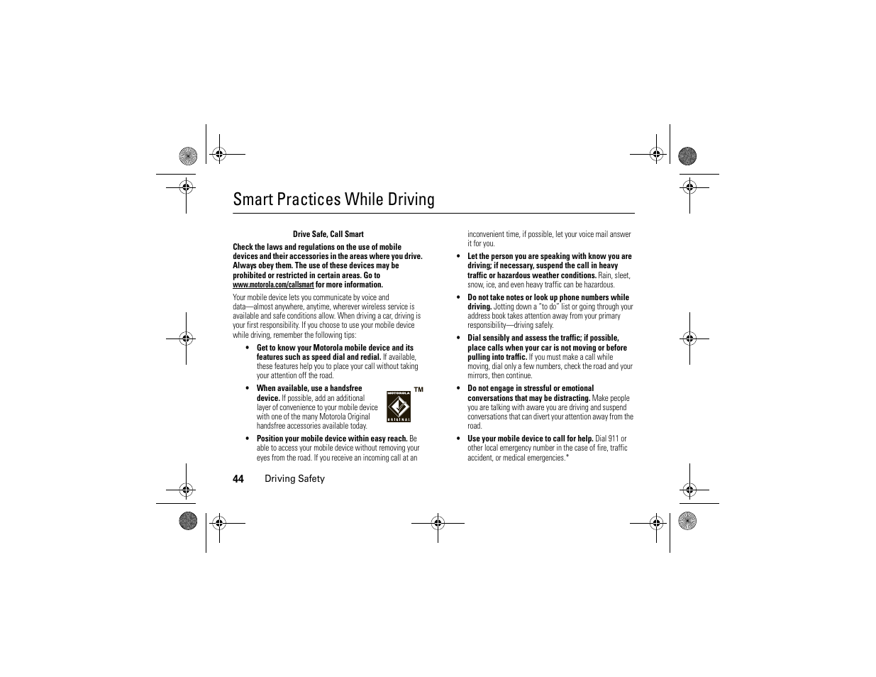 Driving safety, Smart practices while driving | Motorola MOTONAV TN30 User Manual | Page 45 / 57