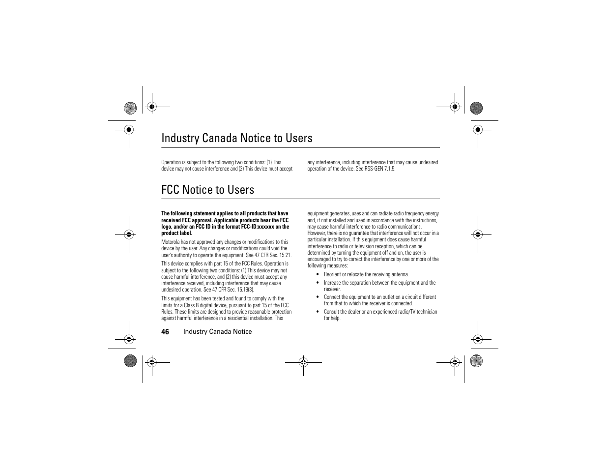 Industry canada notice, Fcc notice, Industry canada notice to users | Fcc notice to users | Motorola MOTONAV TN30 User Manual | Page 47 / 57