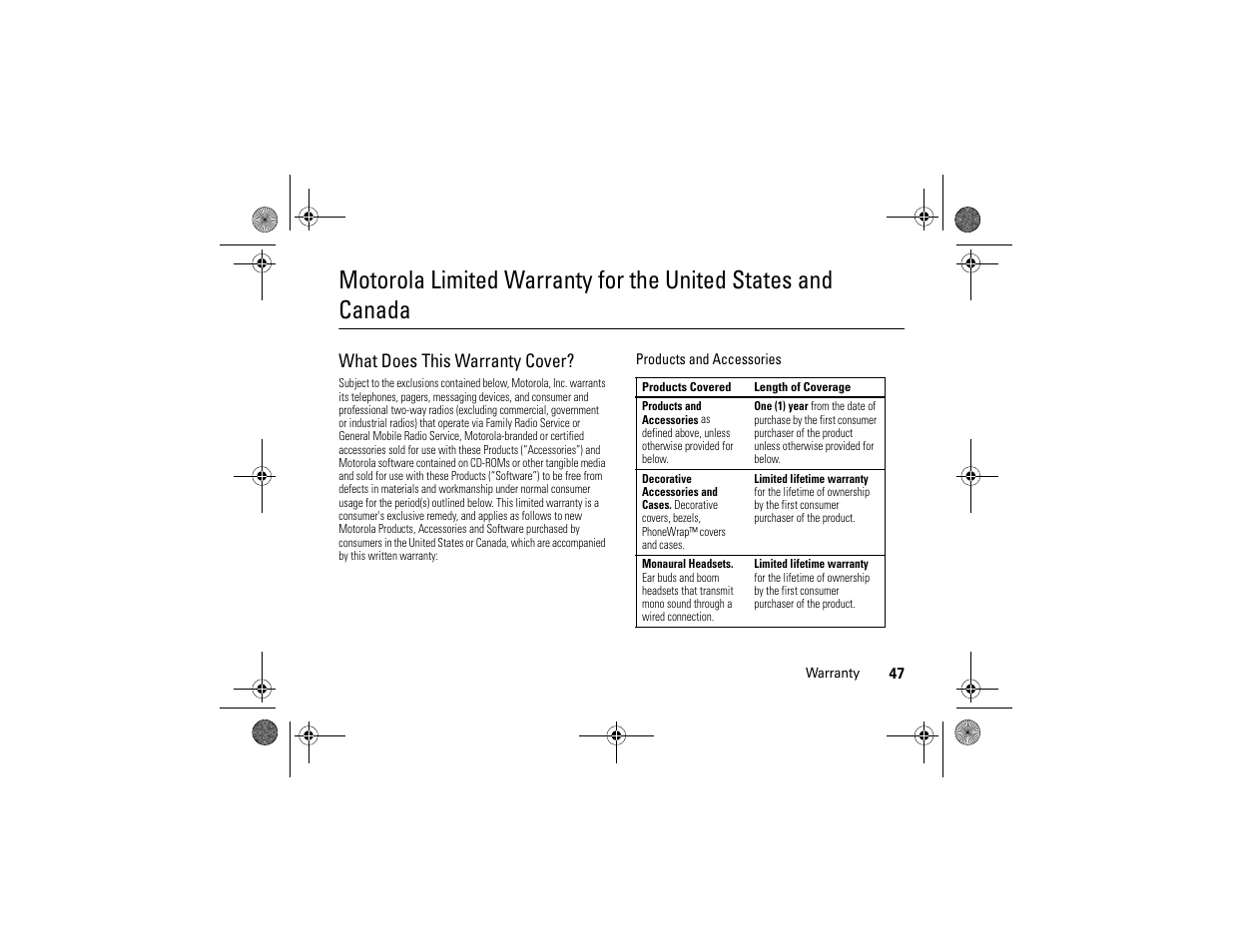 Warranty, What does this warranty cover | Motorola MOTONAV TN30 User Manual | Page 48 / 57