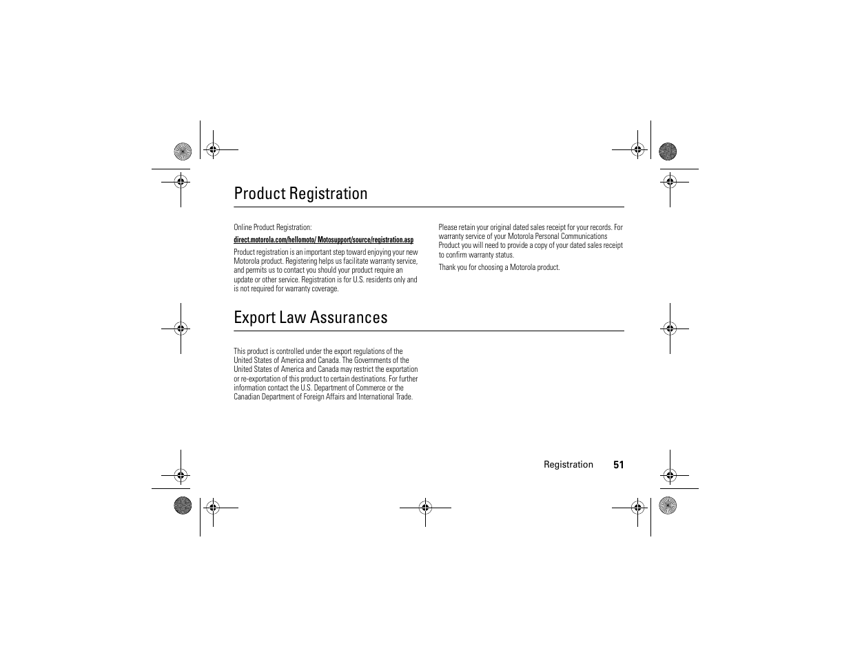 Registration, Export law, Product registration | Export law assurances | Motorola MOTONAV TN30 User Manual | Page 52 / 57