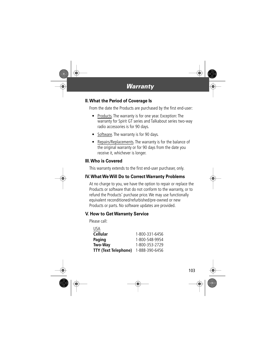 Warranty | Motorola V Series 120c User Manual | Page 103 / 122