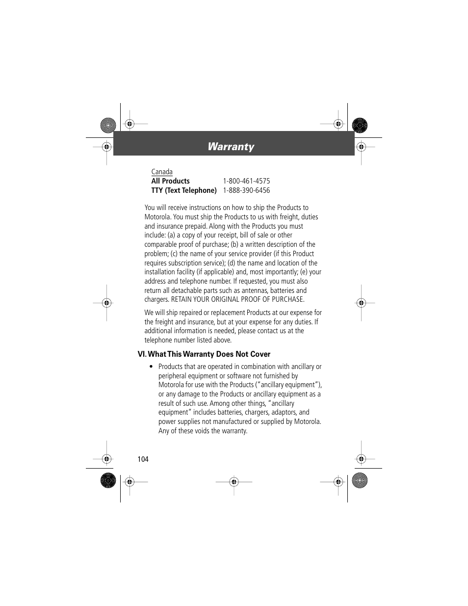 Warranty | Motorola V Series 120c User Manual | Page 104 / 122