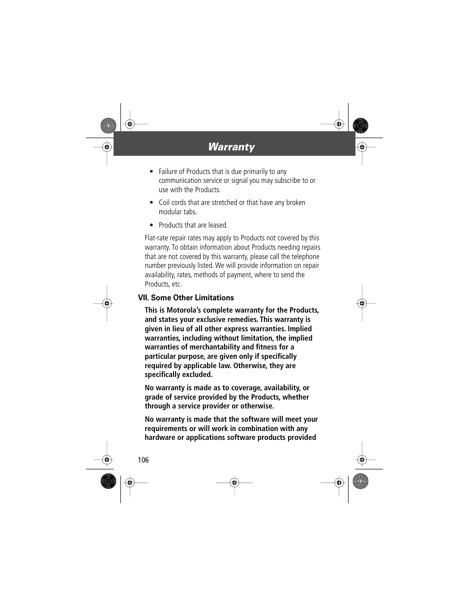 Warranty | Motorola V Series 120c User Manual | Page 106 / 122