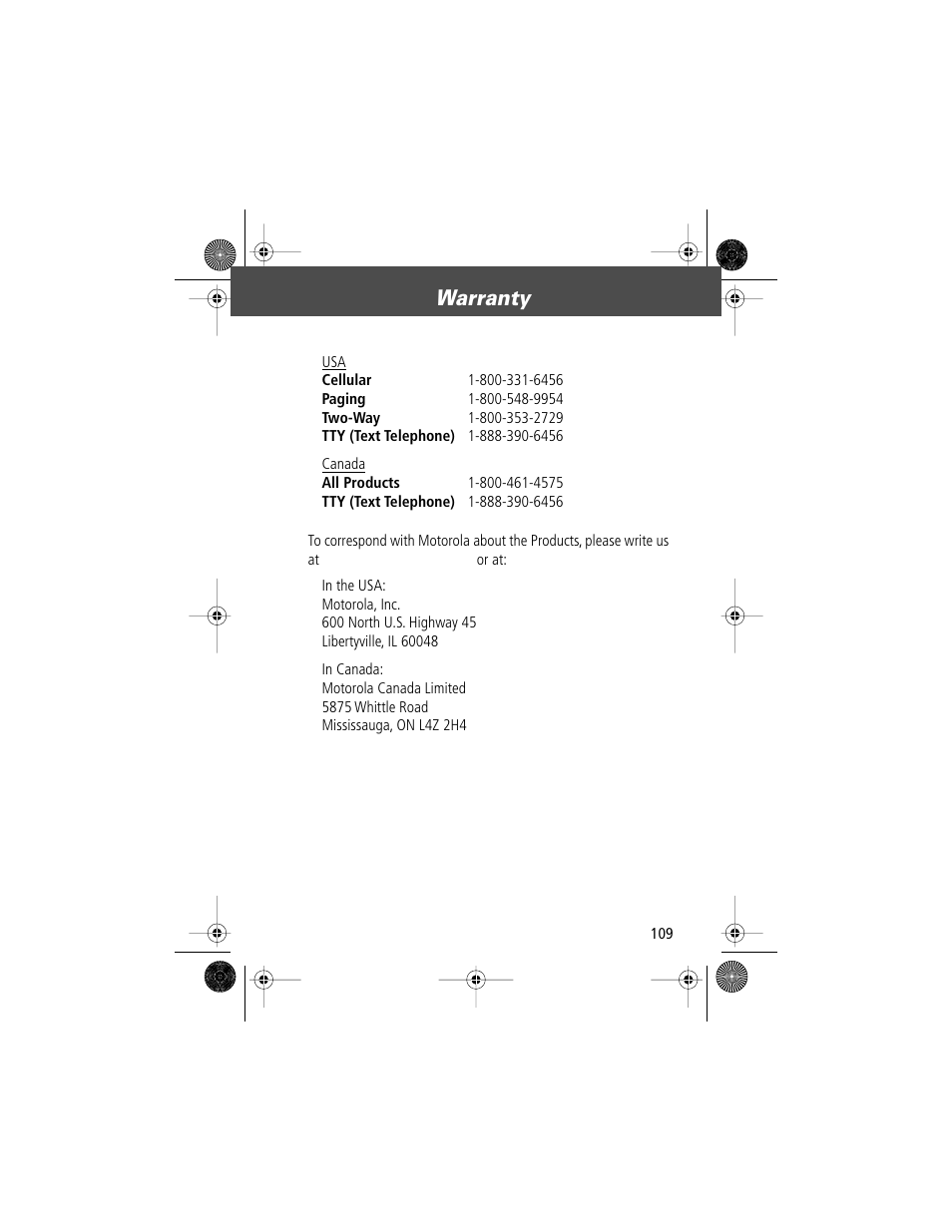 Warranty | Motorola V Series 120c User Manual | Page 109 / 122