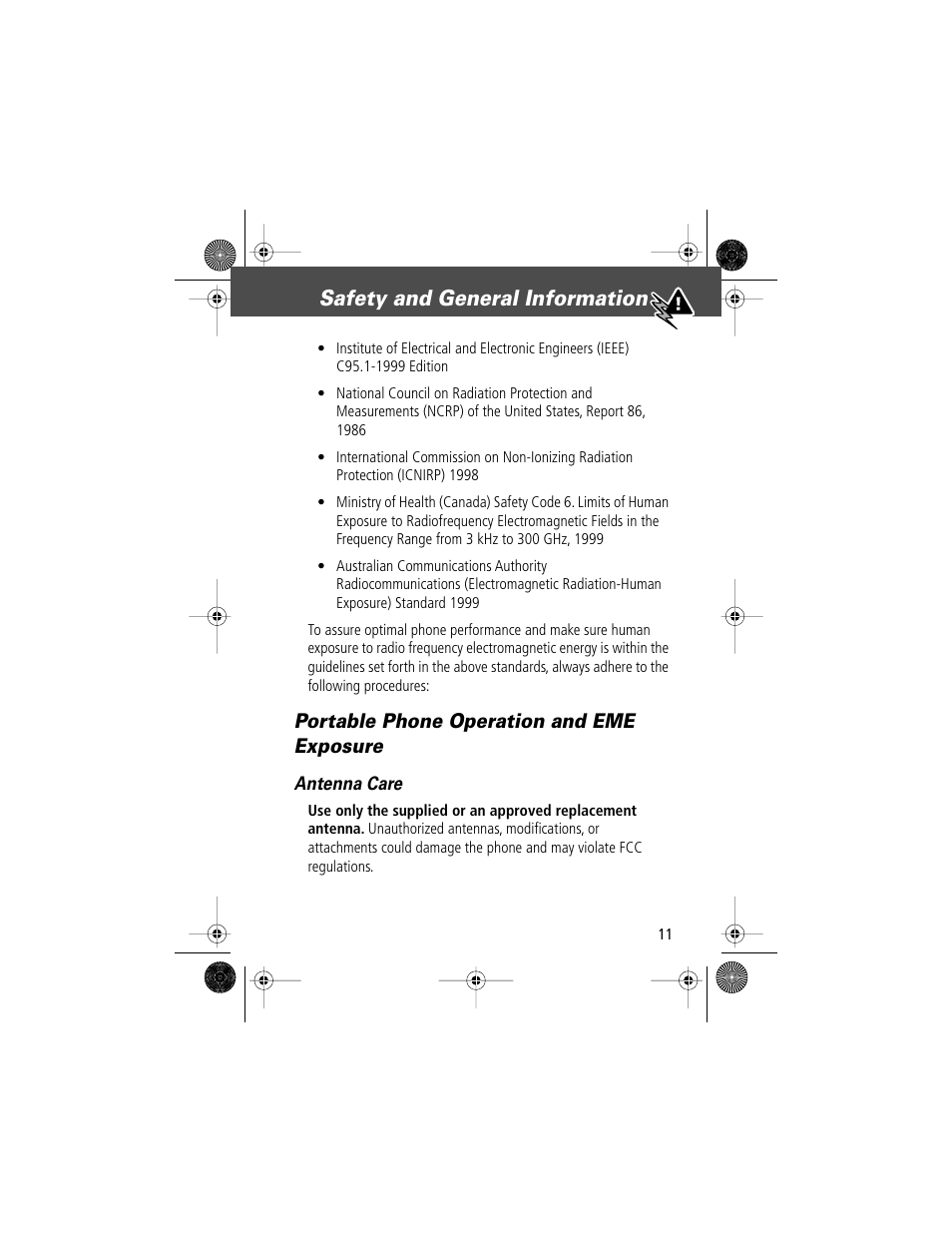 Safety and general information, Portable phone operation and eme exposure | Motorola V Series 120c User Manual | Page 11 / 122