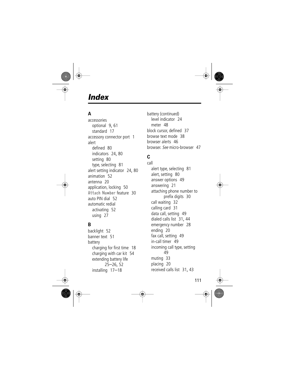 Index | Motorola V Series 120c User Manual | Page 111 / 122