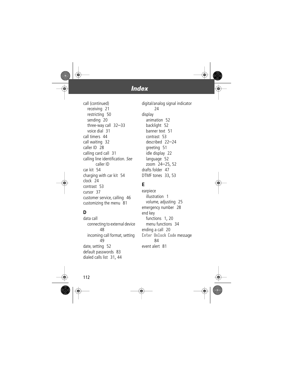 Index | Motorola V Series 120c User Manual | Page 112 / 122