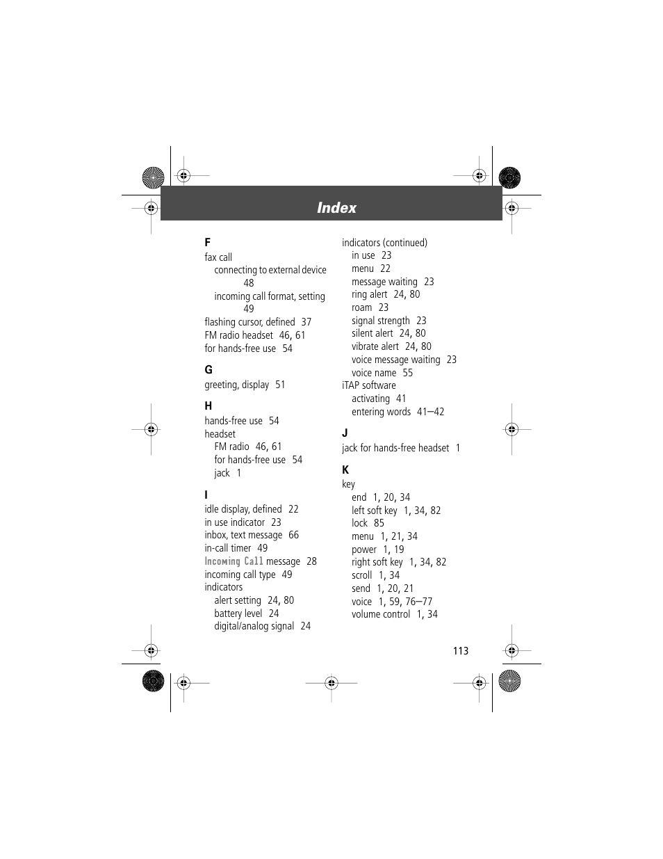 Index | Motorola V Series 120c User Manual | Page 113 / 122