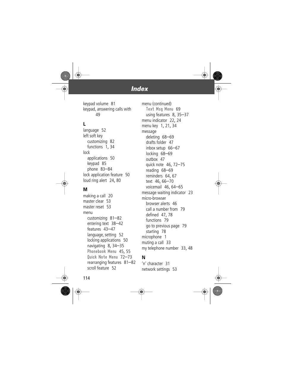 Index | Motorola V Series 120c User Manual | Page 114 / 122