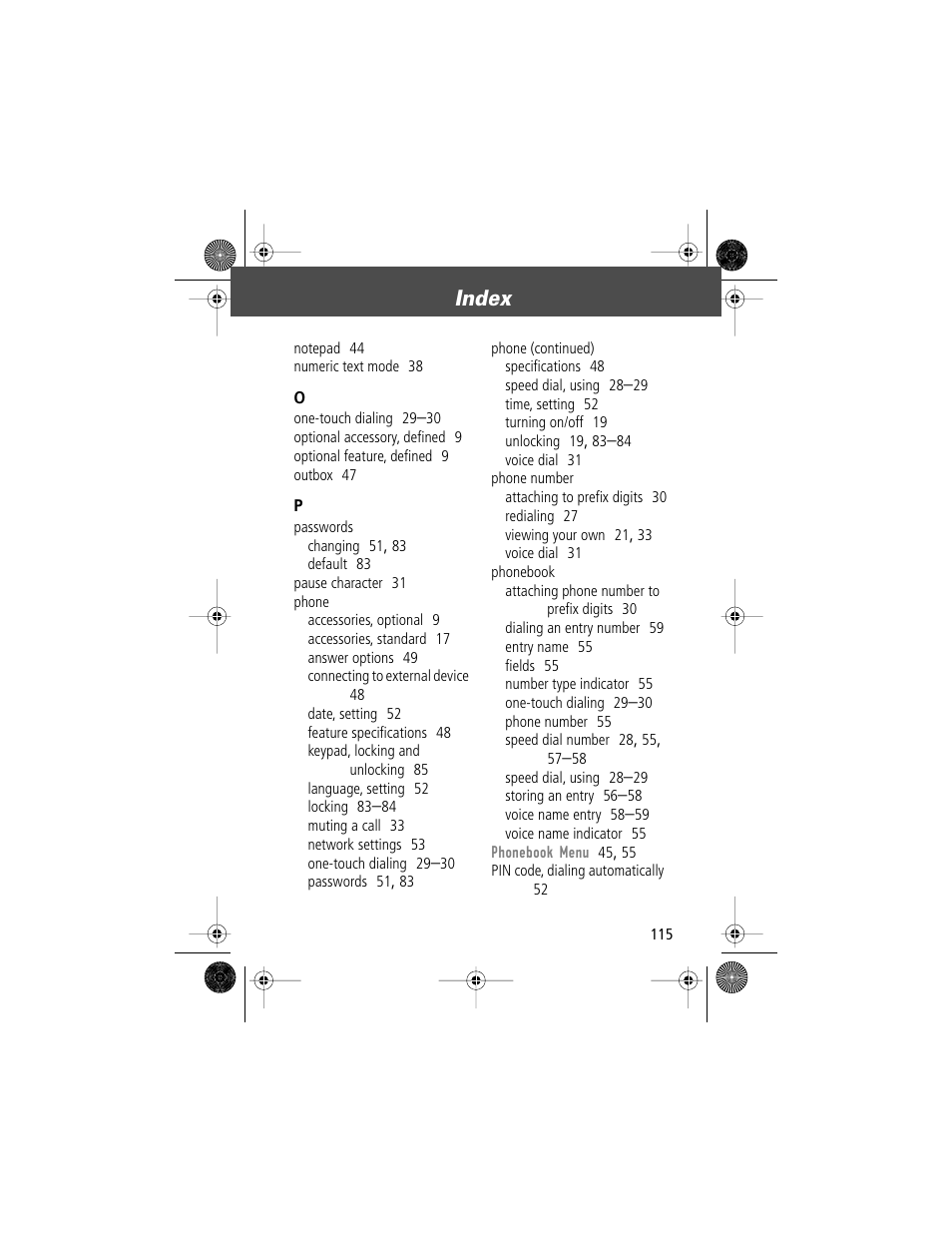 Index | Motorola V Series 120c User Manual | Page 115 / 122