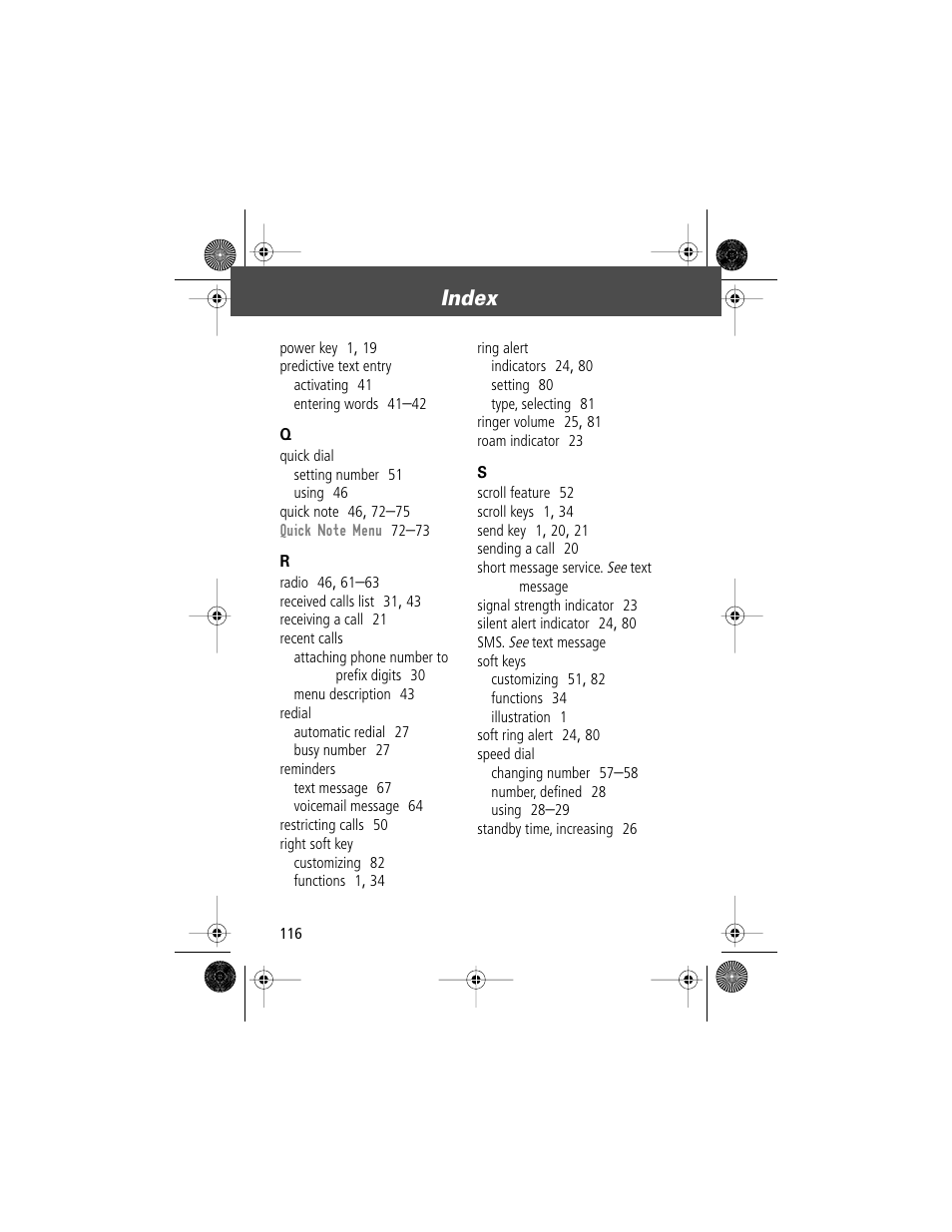 Index | Motorola V Series 120c User Manual | Page 116 / 122