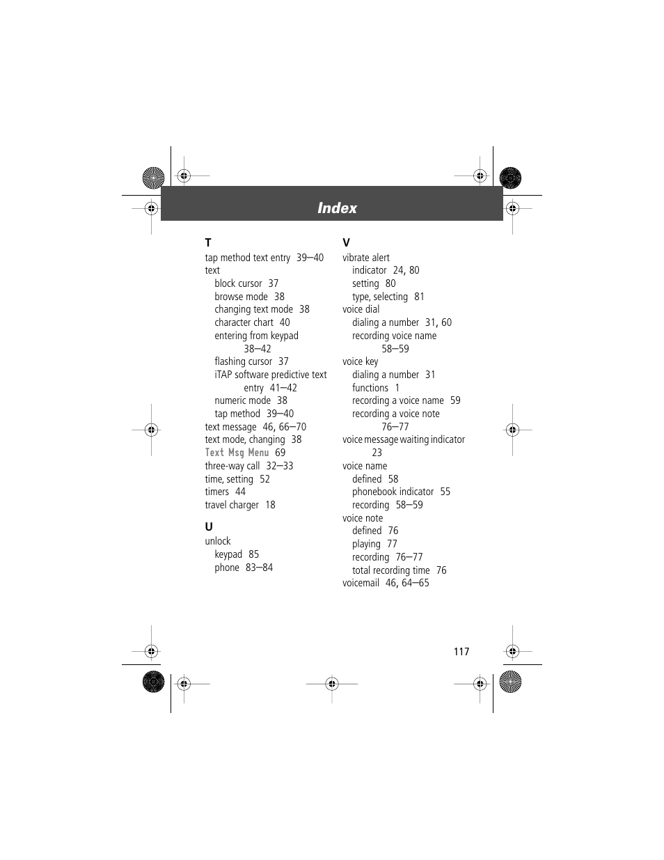 Index | Motorola V Series 120c User Manual | Page 117 / 122