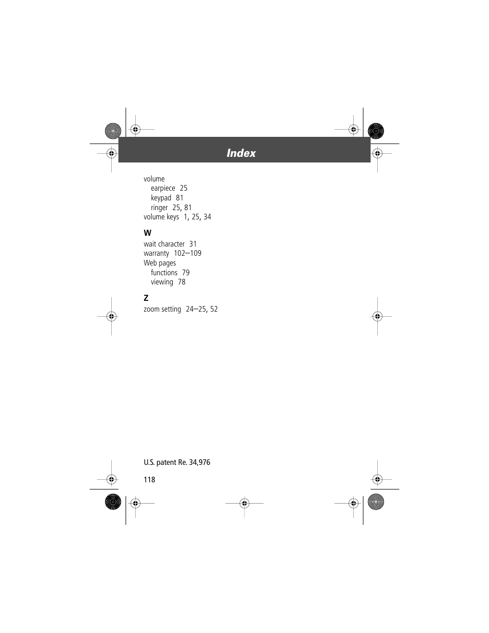 Index | Motorola V Series 120c User Manual | Page 118 / 122