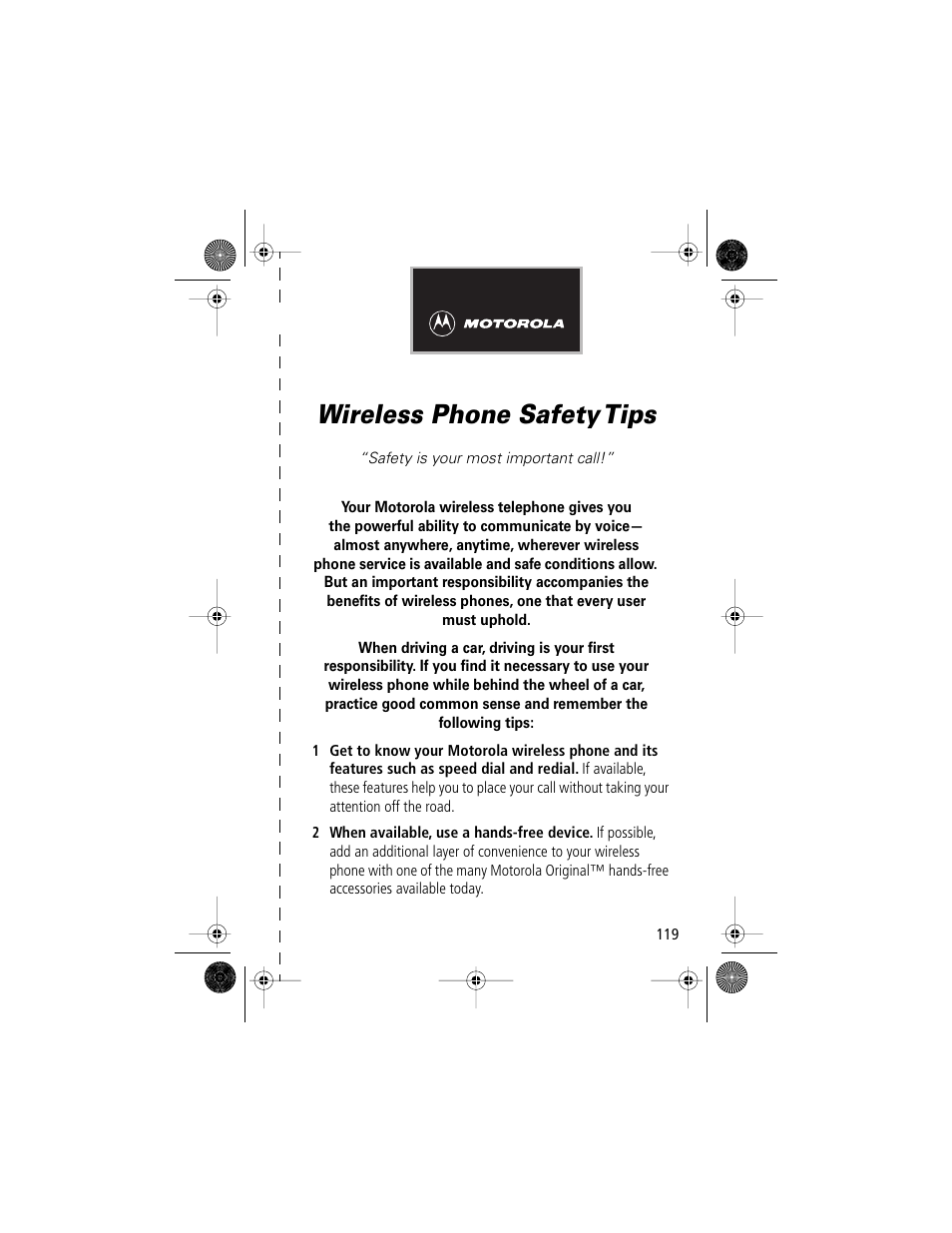 Wireless phone safety tips | Motorola V Series 120c User Manual | Page 119 / 122