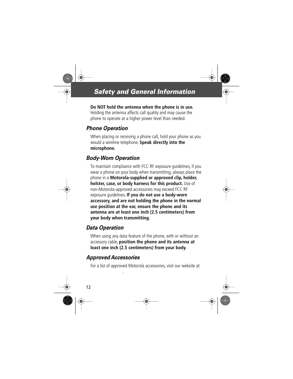 Safety and general information | Motorola V Series 120c User Manual | Page 12 / 122