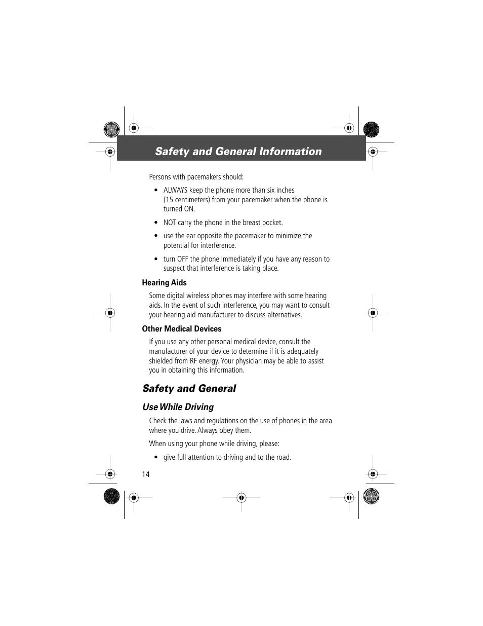 Safety and general information, Safety and general | Motorola V Series 120c User Manual | Page 14 / 122