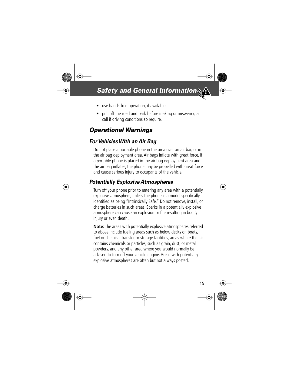 Safety and general information, Operational warnings | Motorola V Series 120c User Manual | Page 15 / 122