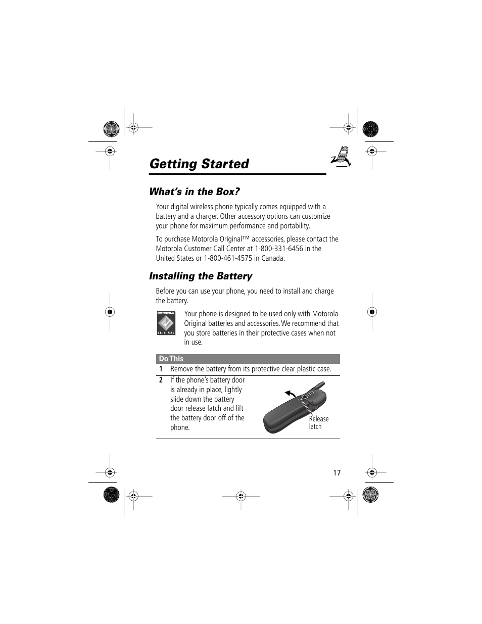 Getting started, What’s in the box, Installing the battery | Motorola V Series 120c User Manual | Page 17 / 122