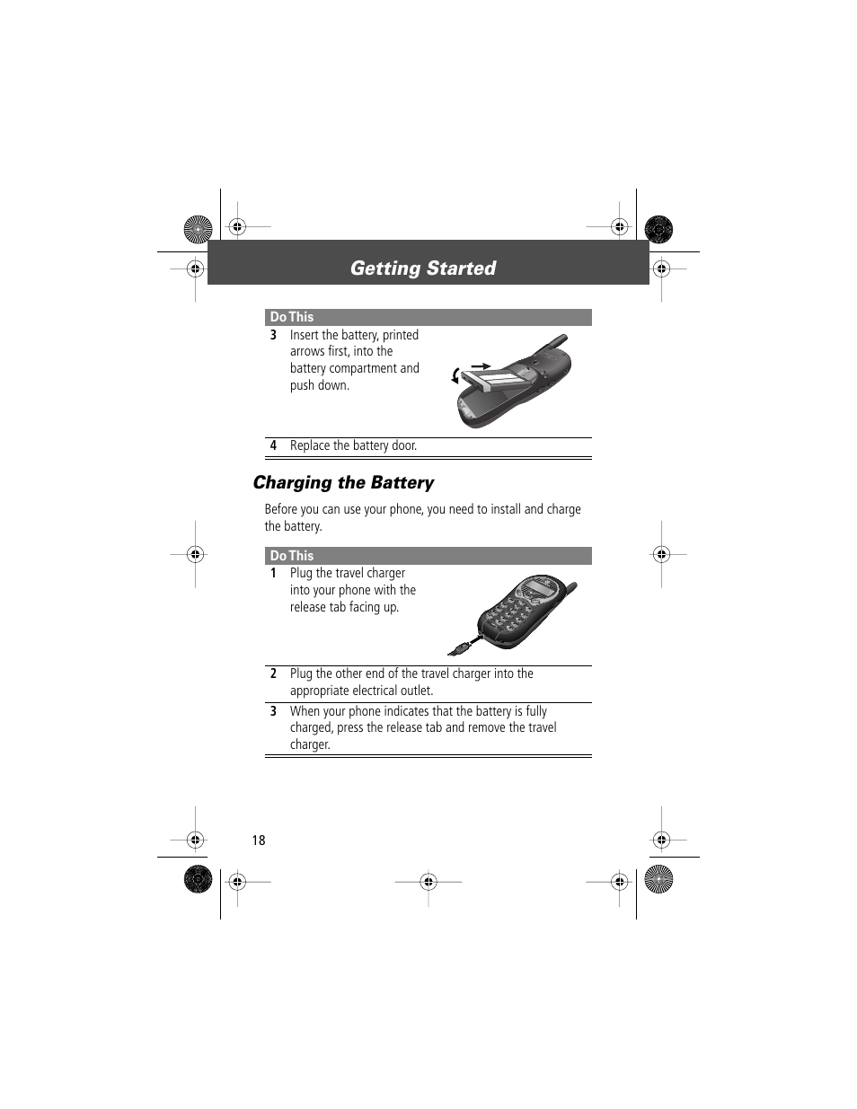 Getting started, Charging the battery | Motorola V Series 120c User Manual | Page 18 / 122