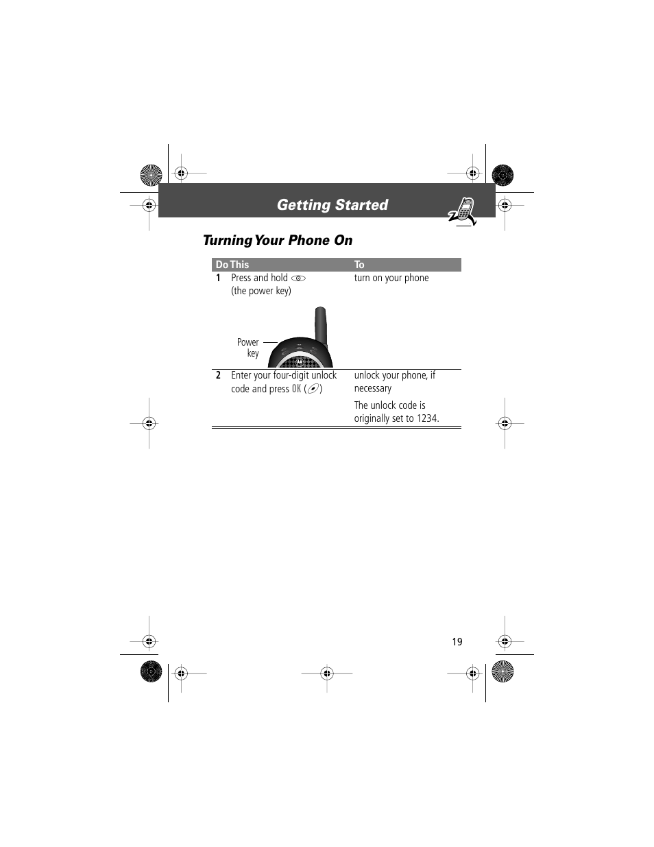 Getting started, Turning your phone on | Motorola V Series 120c User Manual | Page 19 / 122