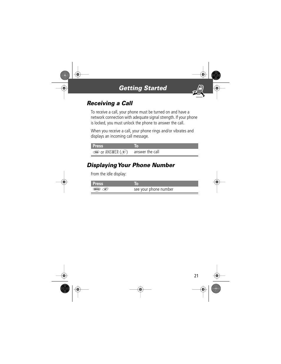 Getting started, Receiving a call, Displaying your phone number | Motorola V Series 120c User Manual | Page 21 / 122