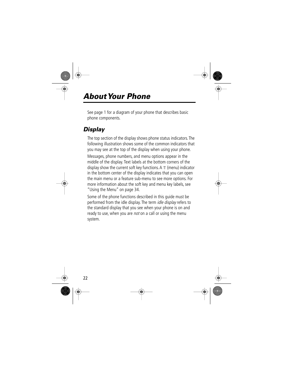 About your phone, Display | Motorola V Series 120c User Manual | Page 22 / 122