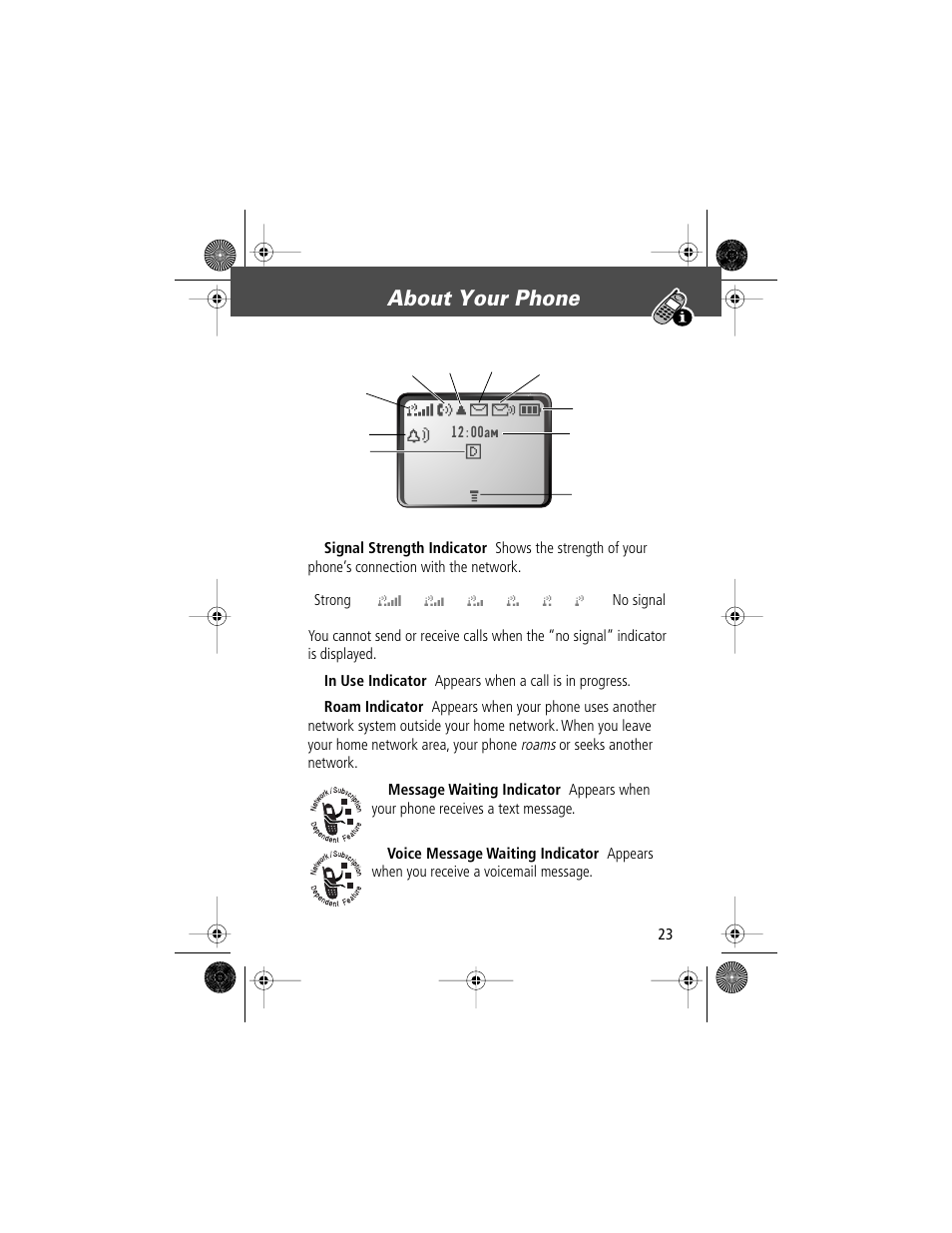 About your phone | Motorola V Series 120c User Manual | Page 23 / 122