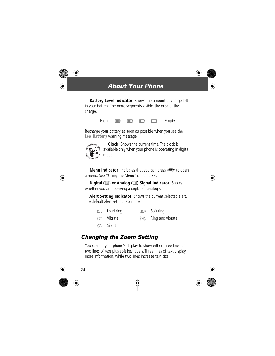 About your phone, Changing the zoom setting | Motorola V Series 120c User Manual | Page 24 / 122