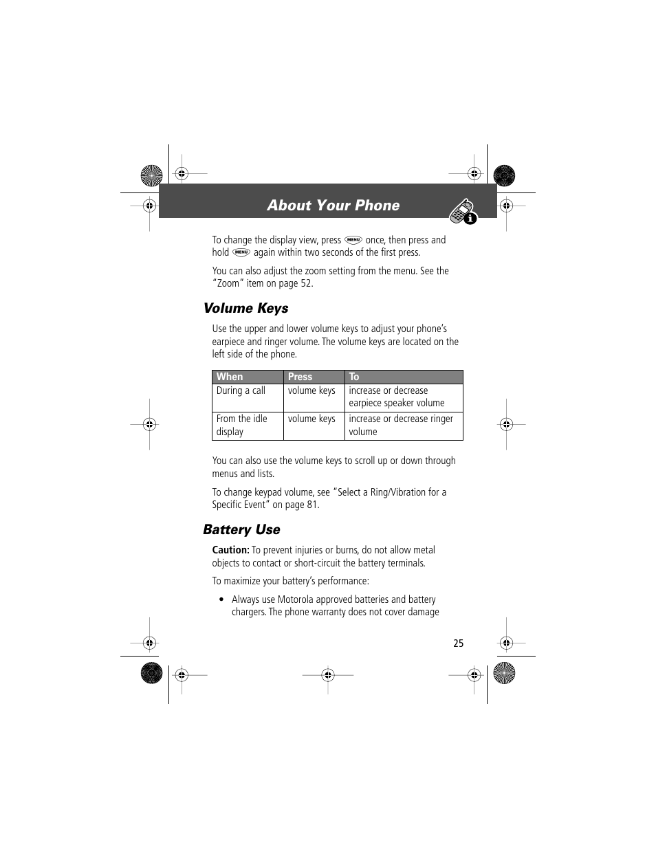 About your phone, Volume keys, Battery use | Motorola V Series 120c User Manual | Page 25 / 122