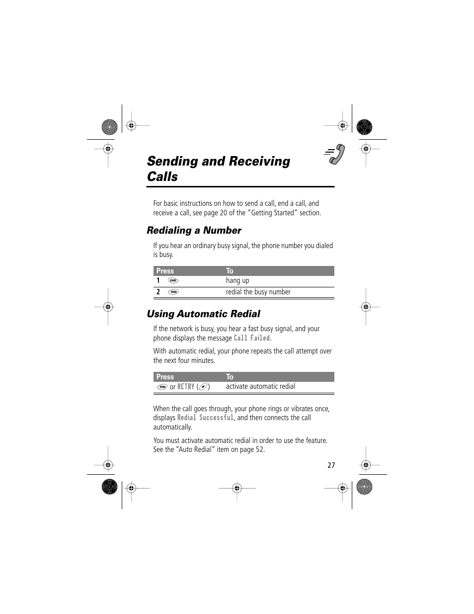 Sending and receiving calls, Redialing a number, Using automatic redial | Motorola V Series 120c User Manual | Page 27 / 122