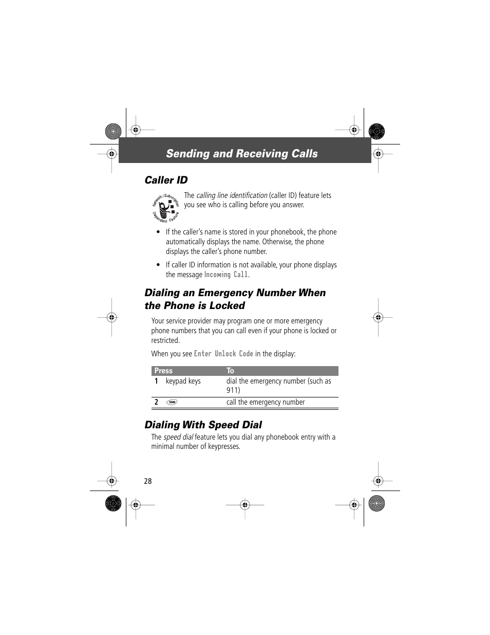 Sending and receiving calls, Caller id, Dialing with speed dial | Motorola V Series 120c User Manual | Page 28 / 122