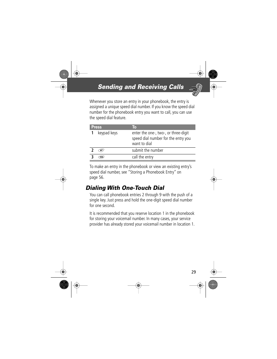 Sending and receiving calls, Dialing with one-touch dial | Motorola V Series 120c User Manual | Page 29 / 122