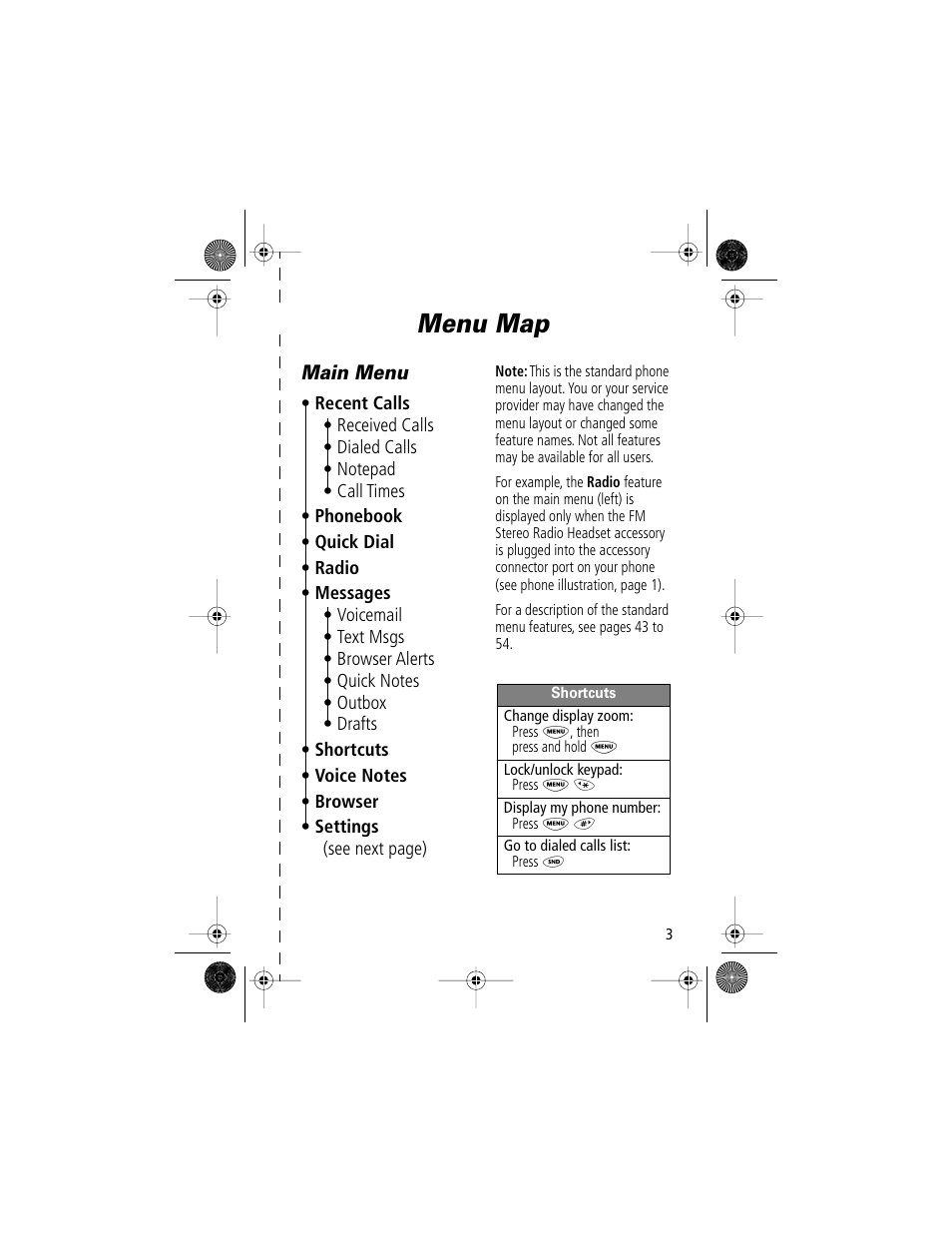 Menu map, Main menu | Motorola V Series 120c User Manual | Page 3 / 122