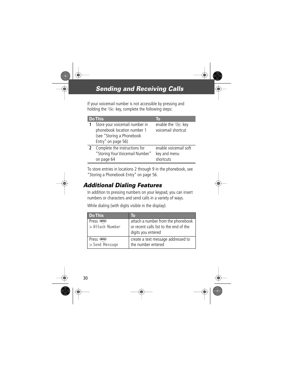 Sending and receiving calls, Additional dialing features | Motorola V Series 120c User Manual | Page 30 / 122