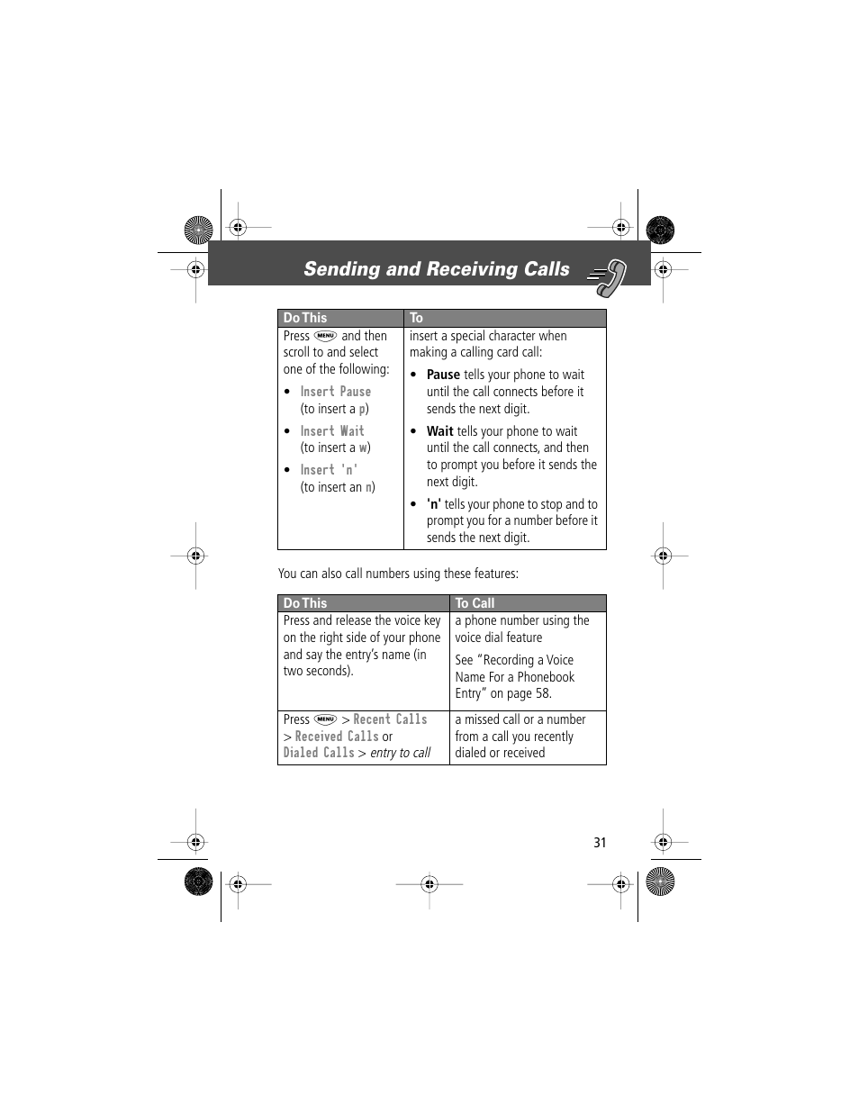 Sending and receiving calls | Motorola V Series 120c User Manual | Page 31 / 122