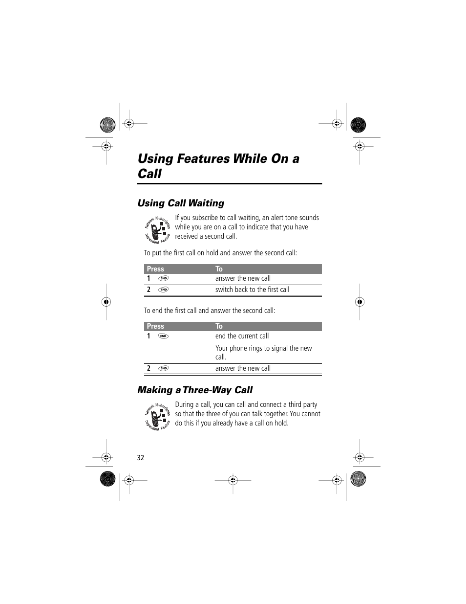 Using features, Using features while on a call, Using call waiting | Making a three-way call | Motorola V Series 120c User Manual | Page 32 / 122