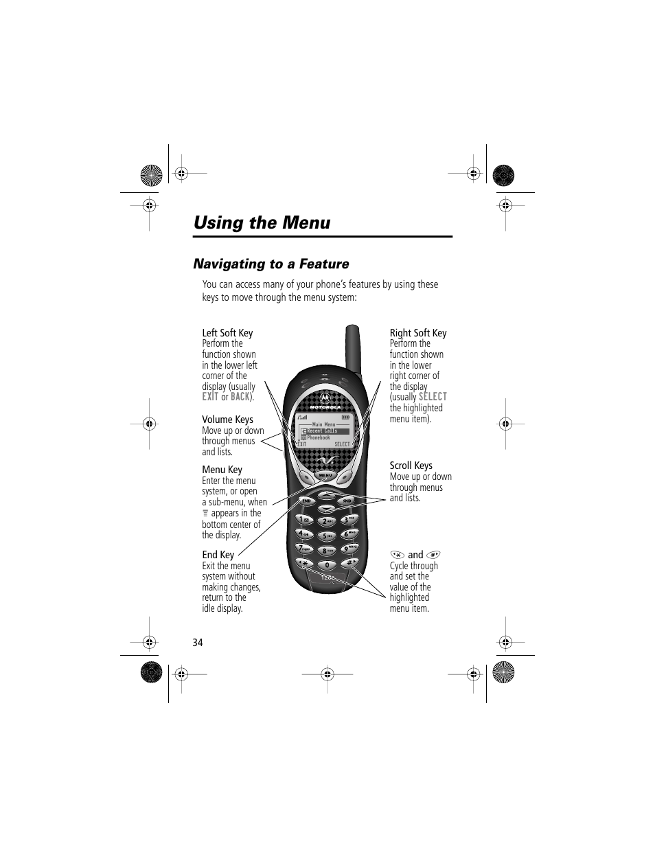 Using the menu, Navigating to a feature | Motorola V Series 120c User Manual | Page 34 / 122